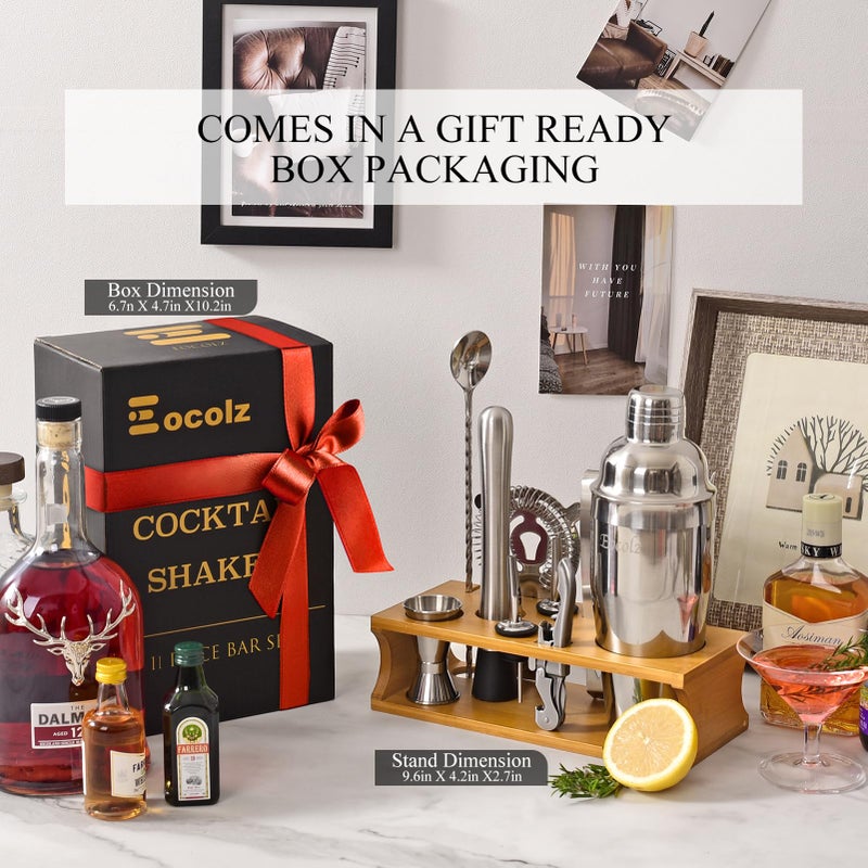 Eocolz Bartender Kit Cocktail Shaker Set with Stand Bar Tool Bar Set for Drink Mixing Home Bartending Kit 11-Piece Bar Cart Accessories: Martini Shaker, Mixer Spoon, Jigger, Muddler, Strainer & Recipes Gifts - Image 2